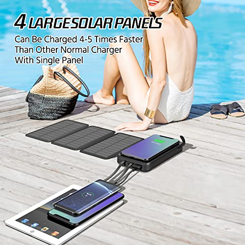 Solar-Charger-Power-Bank - Portable Charger,43800mAh Qc3.0 Fast Charging Qi 10W Wireless Charger 4 Solar Panel Built-in 2 Kinds Output Cable and 680Lumen Bright flashlights