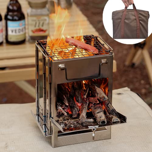 JOY-TECH Portable Folding Wood Stove Backpacking for Outdoor Camping Hiking Cooking Picnic, Sturdy Steel Lightweight Wood Burning Camp Stove with Grill