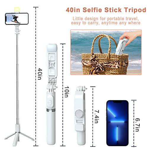 BEFAME Selfie Stick Tripod with Remote, Extendable Cell Phone Tripods with LED Ring Light. (White, Model Q02s)