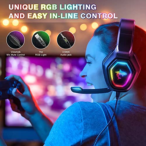 Gaming Headset with Microphone PS5 Headset with Noise Canceling Mic RGB LED Light, Stereo Surround Sound Over Ear Gaming Headphone for PS5 PS4, Switch,Xbox One,Laptops,PC,Phones