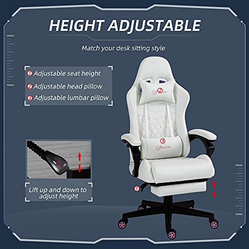 Vinsetto High Back PU Leather Gaming Chair, Racing Computer Chair with Swivel Wheels, Retractable Footrest, Headrest, Lumbar Support, and Armrest, White