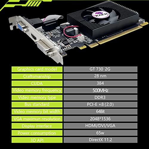 GeForce GT 730 2GB DDR3 64 Bit PCI Express 2.0 X 8, DVI VGA HDMI of 3 Ports Low Profile Graphics Card, PC Video Card