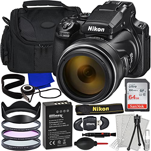 Ultimaxx Essential Accessory Bundle with Nikon COOLPIX P1000 Digital Camera + SanDisk 64GB Ultra SDXC Memory Card, 1x Replacement Battery (1500 mAh), 3PC Multi-Coated UV Filter Kit & More(22pc Bundle)