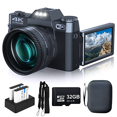 Digital Camera for Photography VJIANGER 4K 48MP Vlogging Camera for YouTube with WiFi, 16X Digital Zoom, 52mm Wide Angle & Macro Lens, 2 Batteries, 32GB TF Card, Camera Strap & Bag(Black)