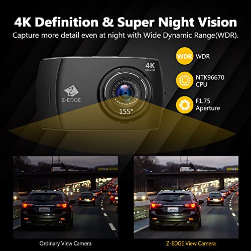 Dash Cam Front and Rear, Z-Edge Dual Dash Cam 4K Built-in WiFi, Touch Screen Car Camera, FHD 1080P with Night Mode, 32GB Card Included, WDR, G-Sensor, Loop Recording, Support 256GB Max