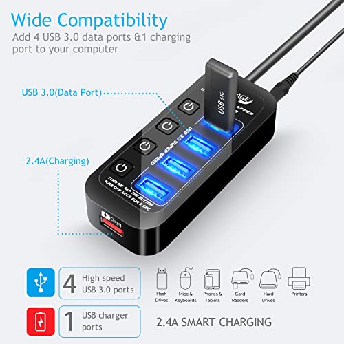 Apanage Powered USB 3.0 Hub, 5 Port USB 3.0 Hub Splitter with 4 USB 3.0 Data Ports and 1 Smart Charging Port with Individual On/Off and 5V/3A Power Adapter USB Extension for MacBook, Mac Pro