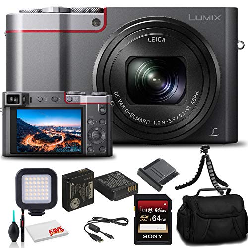 Panasonic Lumix DMC-ZS100 Digital Camera (Silver) (DMC-ZS100S) - Bundle - with 64GB Memory Card + LED Video Light + DMW-BLE9 Battery + Soft Bag + 12 Inch Flexible Tripod + Cleaning Set