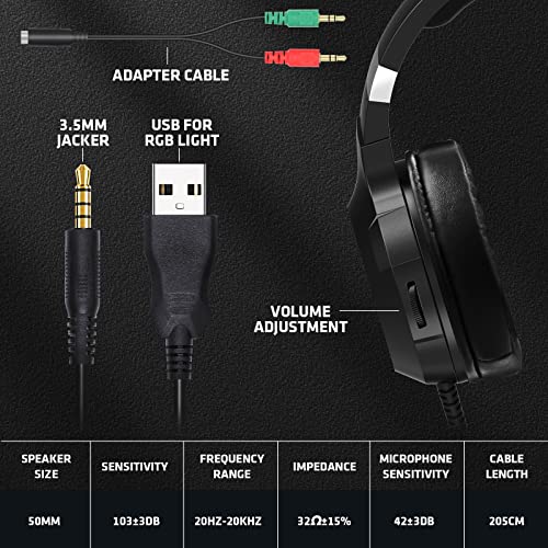 CHAFON RGB Gaming Headset with Mic for Xbox One, PS4, PS5, Over-Ear Headphones with Stereo Surround Sound, Dynamic RGB Light, Memory Foam Earcups, Noise Canceling Mic for PC, Laptop, Phone