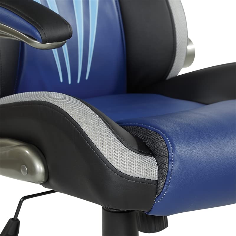 OSP Home Furnishings Ice Knight Ergonomic Adjustable High Back Faux Leather Gaming Chair with Integrated Lumbar Support and Padded Flip Arms, Blue Accents