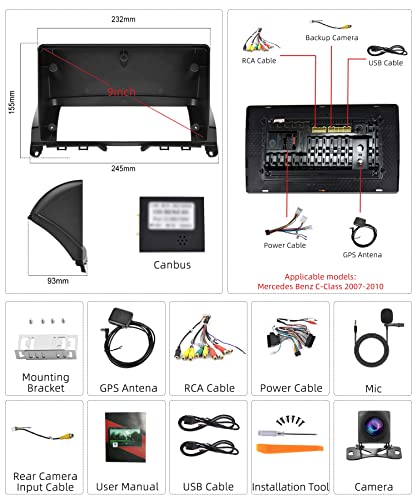 Android Wireless Apple Carplay Car Stereo for Mercedes-Benz C-Class 2007-2010, Rimoody 9’’ Touch Screen Benz C-Class Car Radio Bluetooth GPS WiFi FM Mirror Link RCA USB SWC + Backup Camera