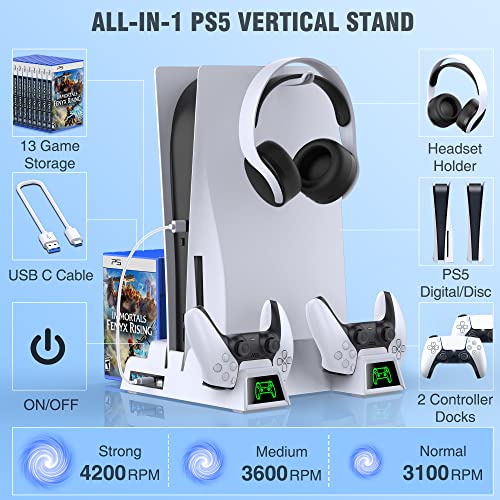 PS5 Stand Cooling Station with 13 Game Storage,Dual Fast PS5 Controller Charging Station with Cooling Fan, PS5 Cooling System PS5 Accessories Vertical Stand for Sony Playstation 5 Digital/Disc Edition