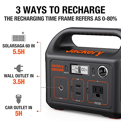 Jackery Portable Power Station Explorer 240, 240Wh Backup Lithium Battery, 110V/200W Pure Sine Wave AC Outlet, Solar Generator (Solar Panel Not Included) for Outdoors Camping Travel Hunting Emergency