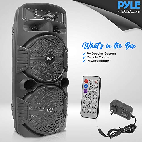 Pyle Portable Bluetooth PA Speaker System - 600W Rechargeable Outdoor Bluetooth Speaker Portable PA System w/ Dual 8” Subwoofer 1” Tweeter, Microphone In, Party Lights, USB, Radio, Remote - PPHP2835B