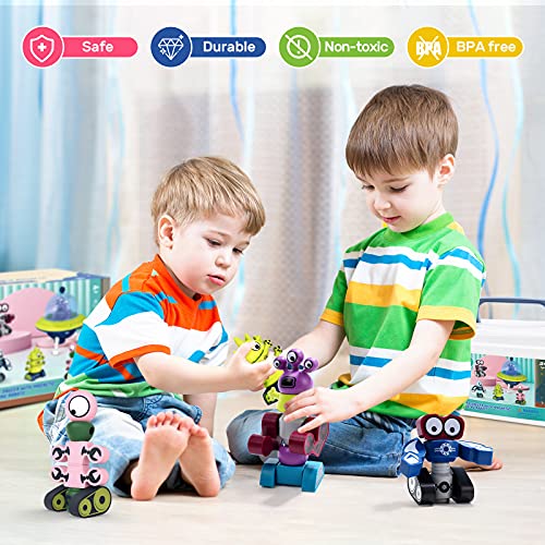 HOLYFUN Kid Magnetic Walking Musical Space Toy with 35PCS Stacking Blocks Building Robot, Storage Box, STEM Educational Electronic Flying Saucer and Magnetic Robot Gift for Children Toddler Boy Girl