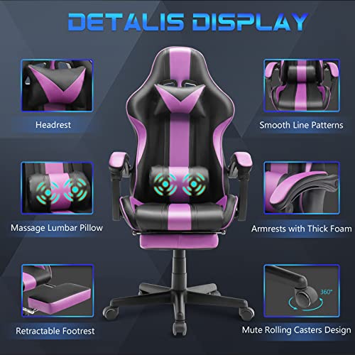 Ferghana Pink and Purple Gaming Chairs with Footrest,Computer Game Chair,Massage Gaming Chairs,Christmas,Xmas Gift,PC Gaming Chairs for Adults Teens for Gaming Live Streaming Room