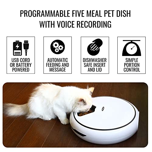 Lentek 5 Meal Automatic Pet Feeder with Voice Message, White, Wet and Dry Food Dispenser for Cat or Dog, 5 oz Compartments for Portion Control, 25 oz Total Capacity