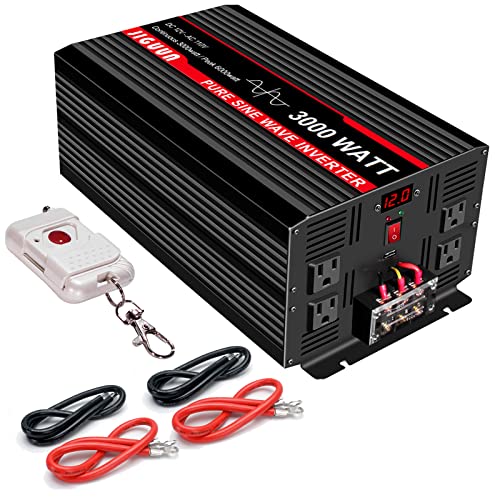 JIGUUN 3000 Watt Pure Sine Wave Inverter, Power Converter 12V DC to 110v/120v AC, Car Inverter with 4 AC Outlets&USB Port 170ft Wireless Remote Control for RV Camping Truck(3000W-12V)