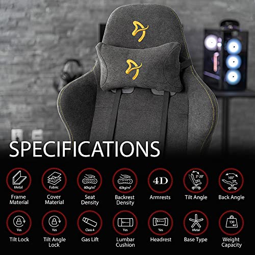 Arozzi Verona Signature Soft Fabric Ergonomic Computer Gaming/Office Chair with Recliner, Swivel, Tilt, Rocker, 4D Armrests, and Neck and Lumbar Pillows