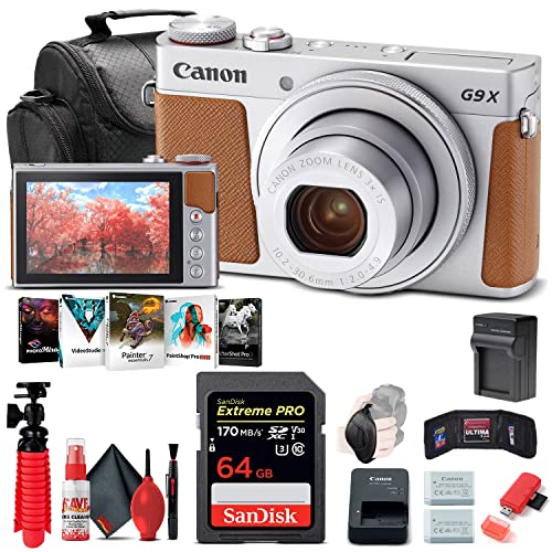 Canon PowerShot G9 X Mark II Digital Camera (Silver) (1718C001), 64GB Card, NB13L Battery, Corel Photo Software, Card Reader, Soft Bag, Flex Tripod, Hand Strap + More