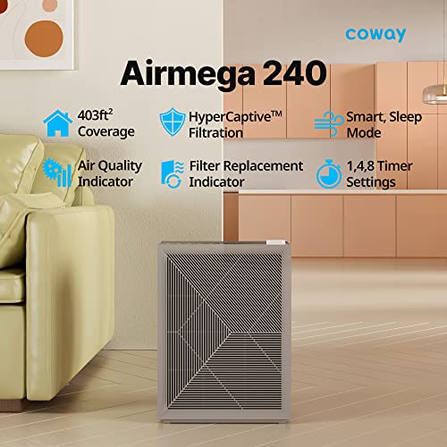 Coway Airmega 240 True HEPA Air Purifier with Air Quality Monitoring, Auto, and Filter Indicator, Warm Gray