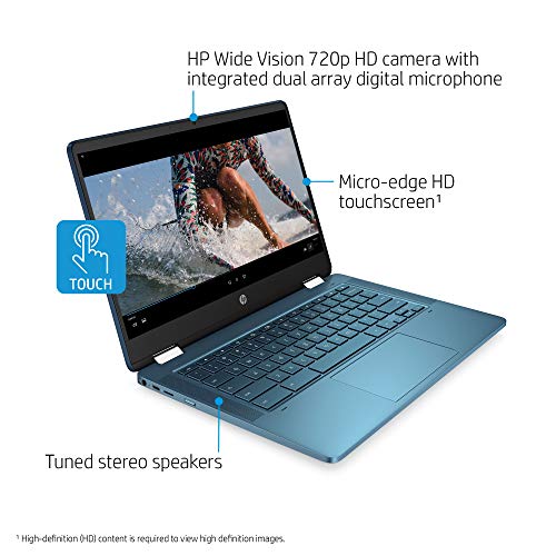 Laptop HP X360 14a Chromebook 14" HD Touchscreen, Entertaining from Any Angle Intel Celeron, 4GB DDR4 64GB eMMC WiFi Webcam Stereo Speakers Bluetooth 4.2 Chrome Blue Metallic Color