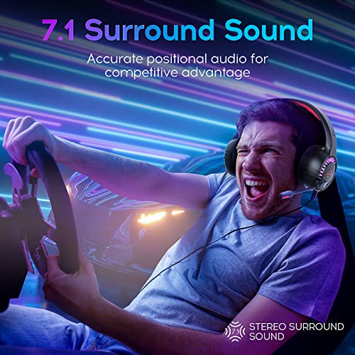 USB Gaming Headset for PC PS4 PS5, MELOGAGA 7.1 Surround Sound Headphones with RGB Breathing LED Lights& Noise Canceling Microphone, Over-Ear Game Headset for Playstation Console Laptops Computer