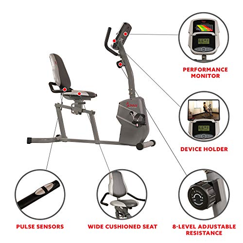 Sunny Health & Fitness Magnetic Recumbent Exercise Bike with Easy Adjustable Seat, Device Holder, RPM and Pulse Rate Monitoring | SF-RB4806