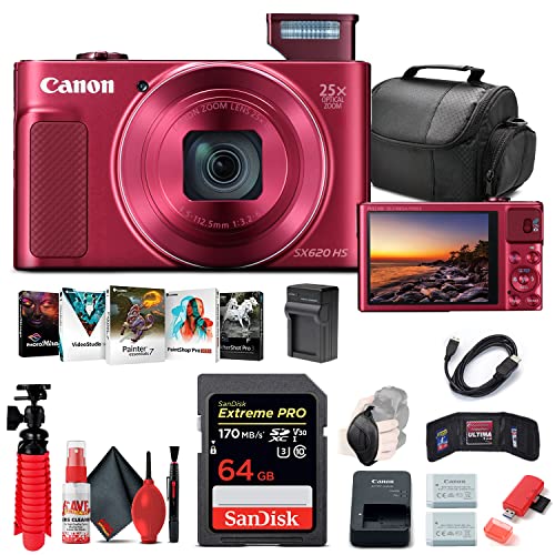 Canon PowerShot SX620 HS Digital Camera (Red) (1073C001), 64GB Card, NB13L Battery, Corel Photo Software, Charger, Card Reader, Soft Bag, Tripod + More (International Model)