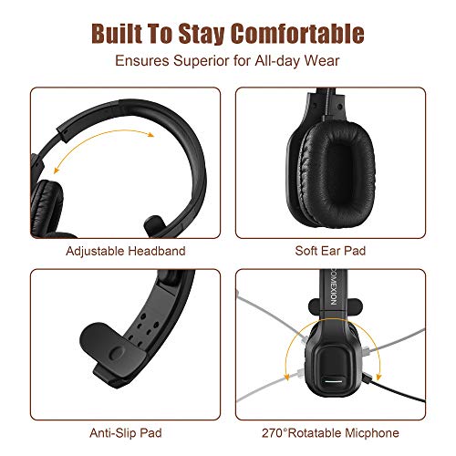 COMEXION Trucker Bluetooth Headset V5.0, Wireless Headset with Noise Canceling&Mute Microphone for Cell Phones, On Ear Bluetooth Headphone with Wireless&Wired Mode for Trucker, Home Office, Skype