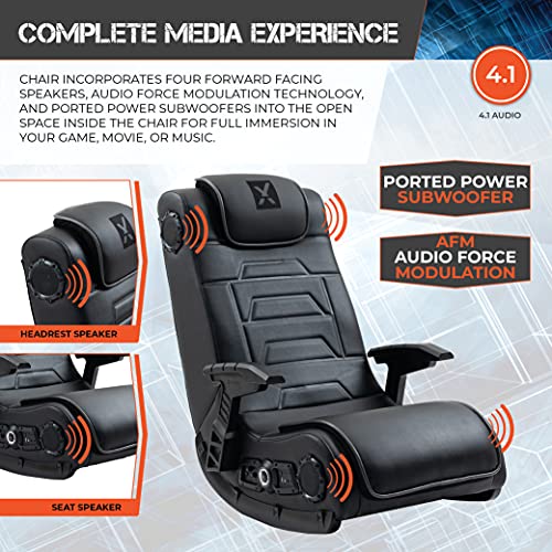 X Rocker Pro Series H3 Black Leather Vibrating Floor Video Gaming Chair with Headrest for Adult, Teen, and Kid Gamers - 4.1 High Tech Audio and Wireless Capacity - Foldable and Ergonomic Back Support