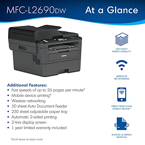 Brother Premium MFC-L2690DW Compact Monochrome All-in-One Laser Printer