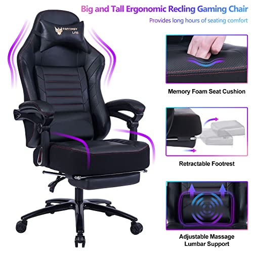 FANTASYLAB Big and Tall Gaming Chair with Footrest 400lb Gaming Chair Massage Gaming Chair Memory Foam Adjustable Tilt Back Angle and Arm High Back Leather Racing Computer Desk Office Chair