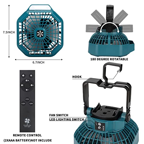 Cordless Fan with Remote for Makita 18v Battery ,Camping Fan with 3 Energy Efficient Speed Settings and Dimmable Led Light (TOOL ONLY)