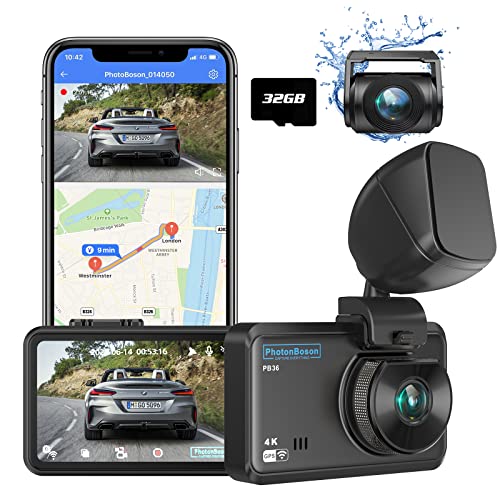 HOTFUN UPGROW 4K Dual Dash Cam Front and Rear with SD Card Included, WiFi and GPS, Dash Camera for Cars with 3 Inches IPS Screen, Recorder with Super Night Vision, 24-Hour Parking Monitor, Black