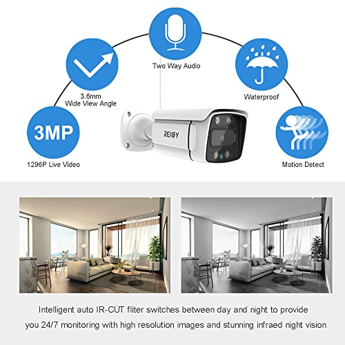 REIGY 3MP WiFi Security Camera System with Floodlight and 1TB Hard Drive Preinstalled, 2K Outdoor Home Surveillance Set 8CH NVR + 4X 1296P IP Cam 2PT, 2-Way Audio Color Night Vision Motion Detection