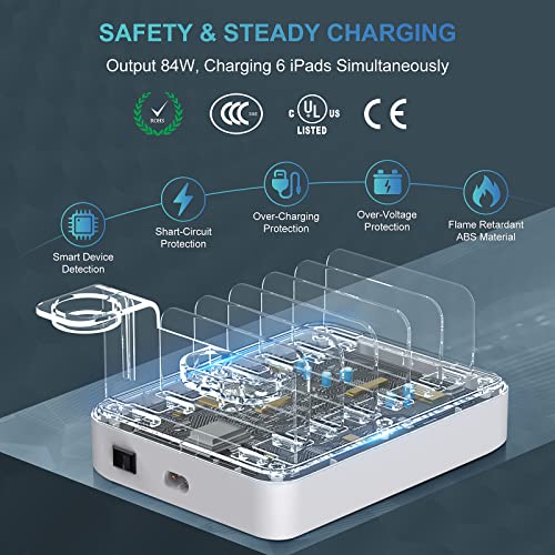 Charging Station for Multiple Devices, 84W/12A 6 Ports USB-C Charging Station, 20W QC3.0 Quick Phone Charge Station with PD Charging Dock, Smartwatch Holder, for iOS/Android Phone, Tablets, iPhone Etc