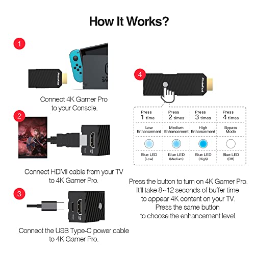 PhotoFast 4K Gamer Pro Video Game Console HDMI 4k upscaler 1080p to 4k @60fps without lag upscale for Nintendo Switch / Nintendo Switch OLED / Wii U / PlayStation 4 / PS3 / Xbox & more