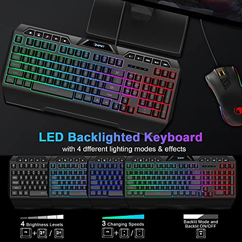 NPET K31 Gaming Keyboard, Wired LED Backlit Computer Keyboard with 10 Dedicated Multimedia Keys, USB Ergonomic Wrist Rest Mechanical Feeling Keyboard for Windows/Desktop/Computer/PC