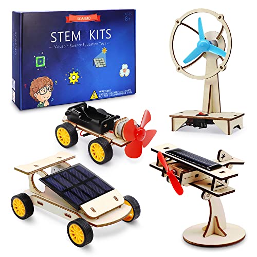 STEM 4 Set Solar Motor Kit,Wooden Model Electric Car Science Experiment Projects,Educational 3D Building Puzzles Electronic with 3 Different Motors for Kids,DIY STEM Toys for Boys and Girls