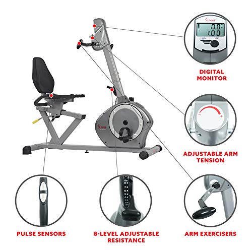 Sunny Health & Fitness Recumbent Bike SF-RB4631 with Arm Exerciser, 350lb,Gray