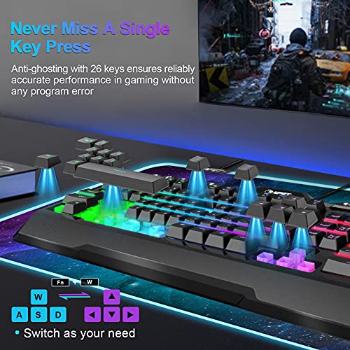 NPET K31 Gaming Keyboard, Wired LED Backlit Computer Keyboard with 10 Dedicated Multimedia Keys, USB Ergonomic Wrist Rest Mechanical Feeling Keyboard for Windows/Desktop/Computer/PC