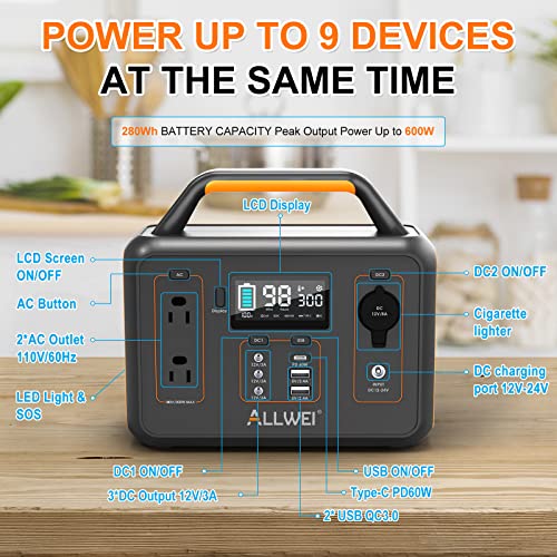 ALLWEI 300W Portable Power Station with 1* 100W Solar Panel Included, Solar Generator 280Wh, PD60W USB, DC AC Outlet, 78000mAh Home Battery Backup for Camping Outdoor RV Trip Hunting Blackout CPAP