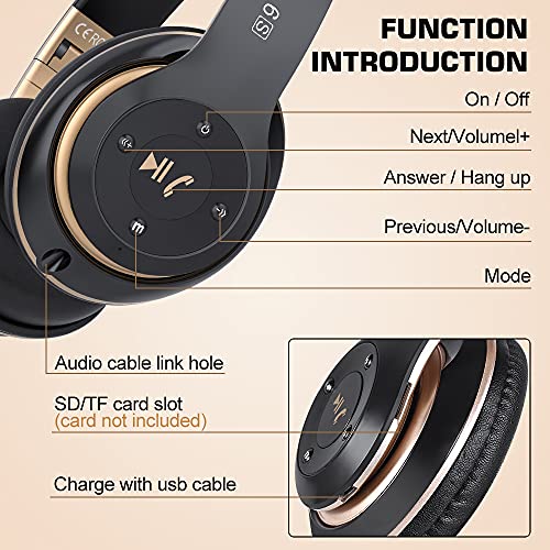 6S Wireless Bluetooth Headphones Over Ear, Hi-Fi Stereo Foldable Wireless Stereo Headsets Earbuds with Built-in Mic, Volume Control, FM for Phone/PC (Black & Gold)