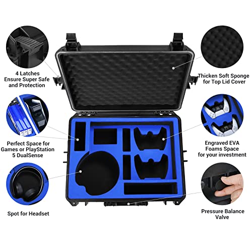 Premium Waterproof Travel Hard Case for PS5 - Heavy Duty Carrying Case Fits PlayStation 5 Console, Headset, Controllers, Games, Stand, Dualsense Charging Station, Cables and Other Accessories, Blue