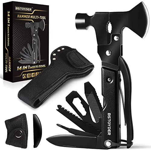 Father's Day Gifts for Dad from Son Daughter Hammer Multitool Camping Accessories, 14 in 1 Mini Hatchet Camping Gear Survival Tool Cool Gadget Christmas Birthday Gift for Men Women Dad Grandpa- Black