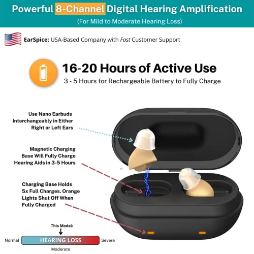EarSpice Rechargeable Hearing Aids (Pair) for Seniors &amp;amp;amp; Adults with Noise Cancelling Function - Nano Earbuds Nearly Invisible In Ear - (CIC) Mini Digital Hearing Amplifiers with Tinnitus Relief (Beige)