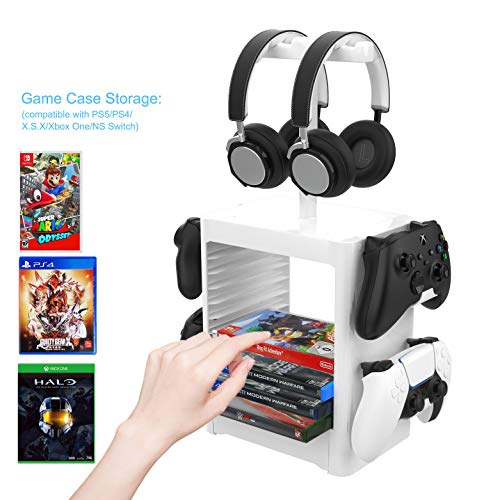 EJGAME Multifunctional Game Disk Storage Tower Holder for PS5,Game Disk Rack and Controller/Headset Stand Holder Compatible with Xbox Series X/Nintendo Switch/PS4-White