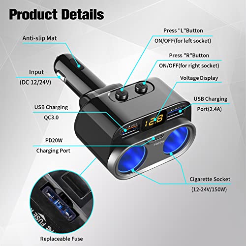 Amiss Car Cigarette Lighter Adapter, 150W/12V Electronic Front Splitter Sockets with PD/QC3.0 Dual USB C Fast Charge Ports, Phone Power Charger for Plug Outlet with Separate Switch LED Voltage Display