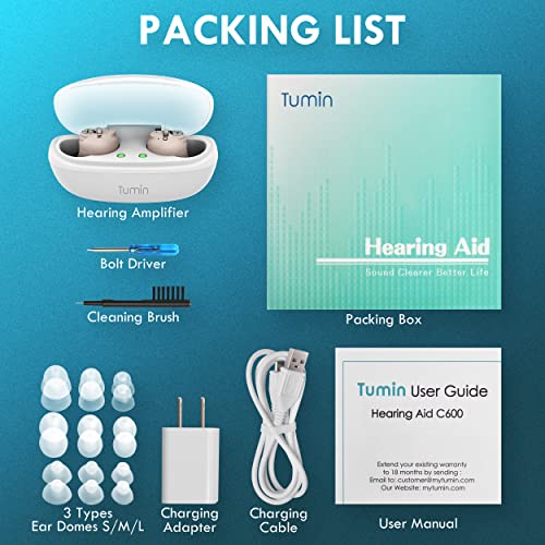 Tumin Rechargeable Hearing Aids for Seniors & Adults, Completely-in-Canal Invisible Hearing Amplifiers Earbuds for Elderly, Noise Cancelling Portable Hearing Assist with Magnetic Contact Charging Box