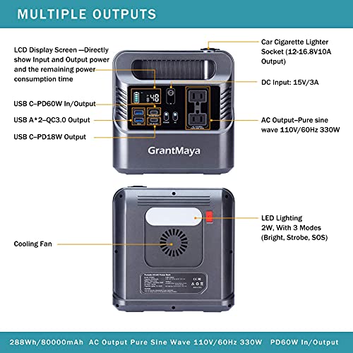 330W Portable Power Station, GrantMaya 288Wh 80000mAh Portable Generator Backup Battery with 110V Pure Sine Wave AC Outlet 60W PD QC3.0 USB Car Socket Flashlight for Camping CPAP Emergency Hurricane